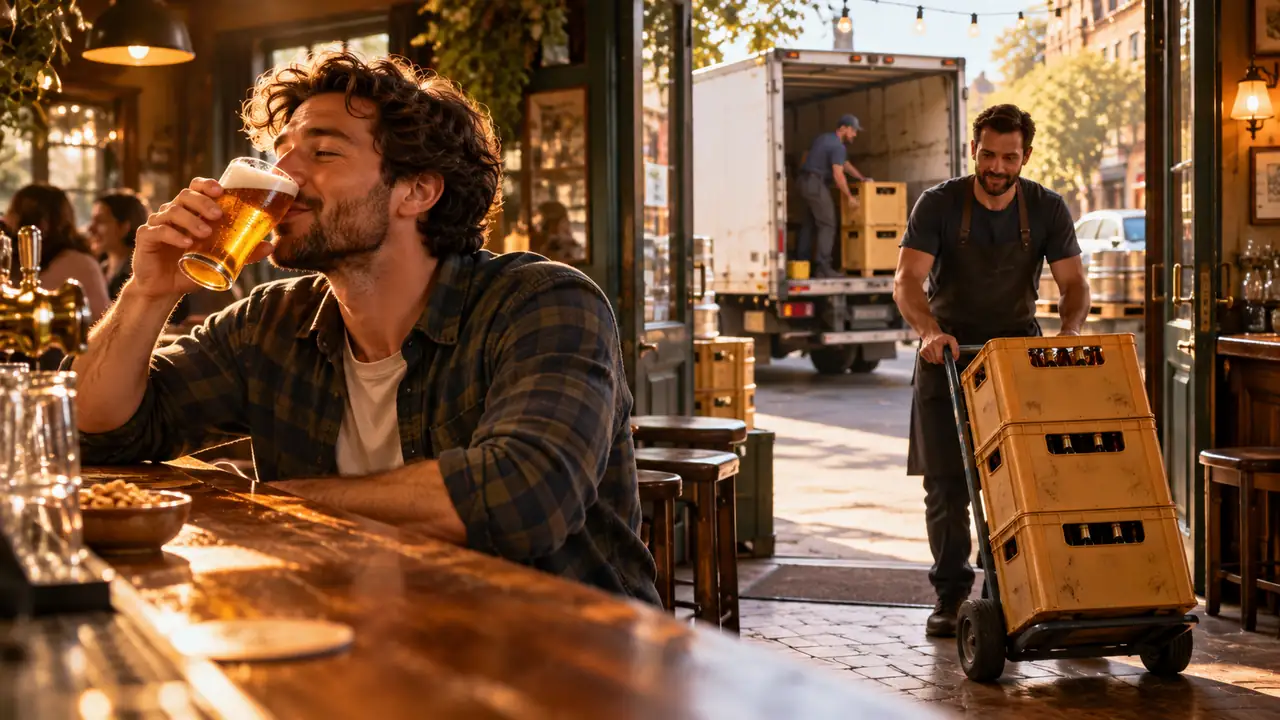 A customer drinking beer in a pub while beer crates are unloaded from a delivery truck and wheeled toward the bar
